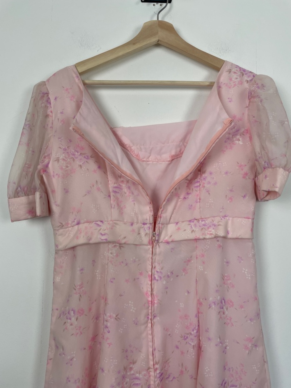 VTG Sheer Women's Lace Neckline Cottagecore Pink Floral Puff-Sleeve Maxi Dress - Picture 7 of 7